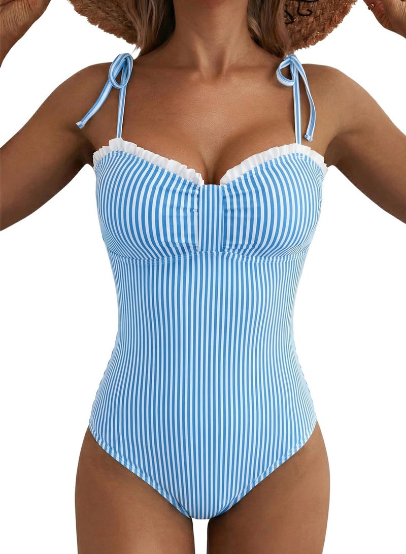 Herseas Women Striped One Piece Swimsuits Lace Up Ruched Ruffled Trim High Cut Tummy Control Bathing Suits Modest Cruise Essentials 2026 Summer Swimwear Sky Blue Stripe Large - Image 1