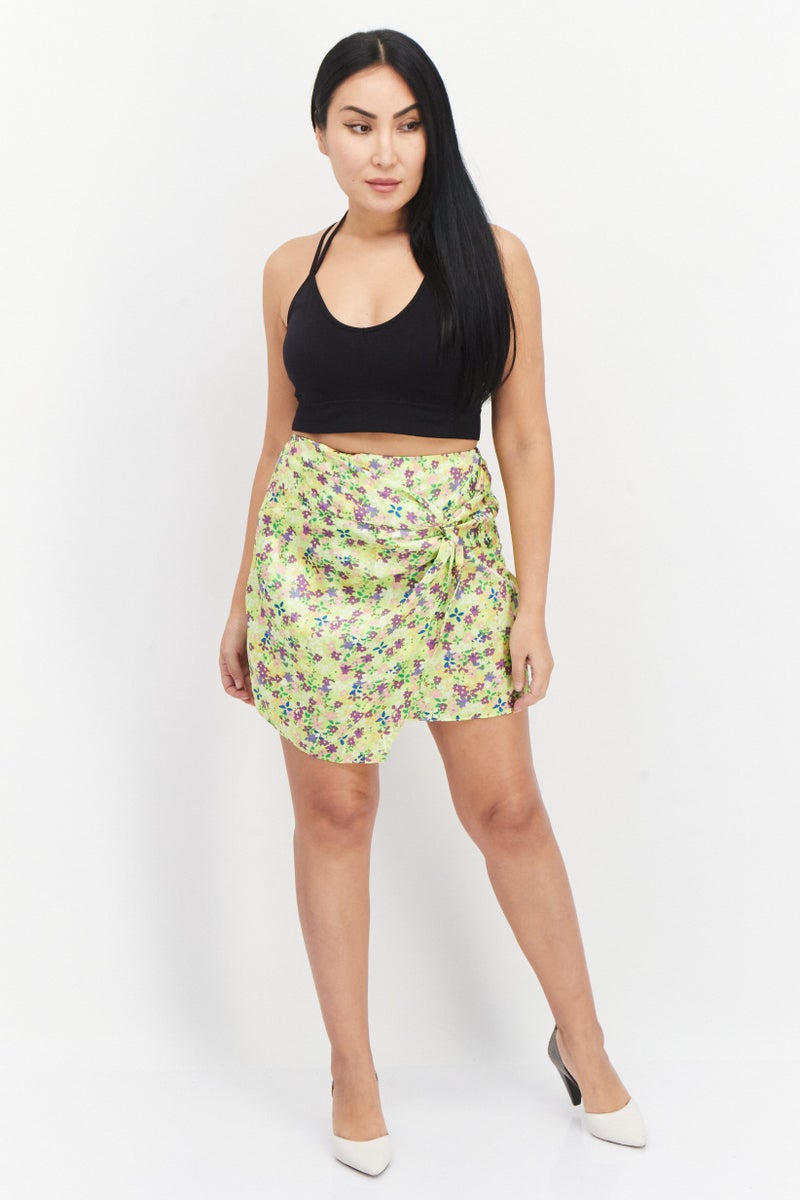 RIVER ISLAND Women Floral Pattern Mini Skirt, Lime Green Combo - Image 4