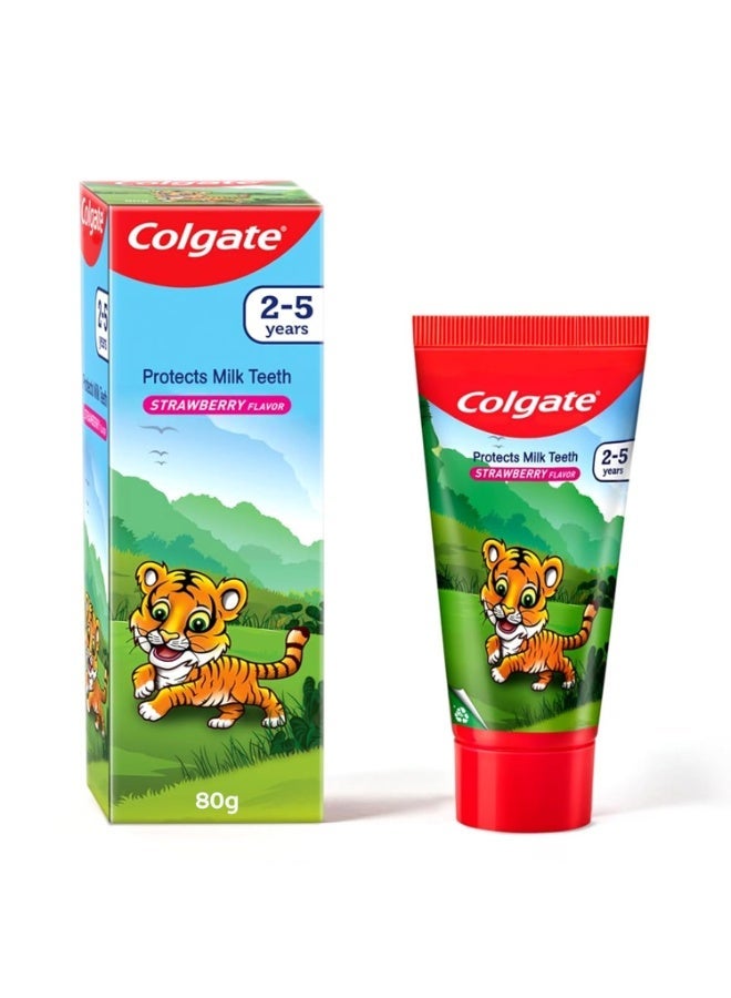 Colgate Kids Tiger Toothpaste for 2-5 Years - 80gm, Tooth Paste with 50% Lesser Abrasive Formula for Protecting Against Cavities (Strawberry Flavour) - Image 1