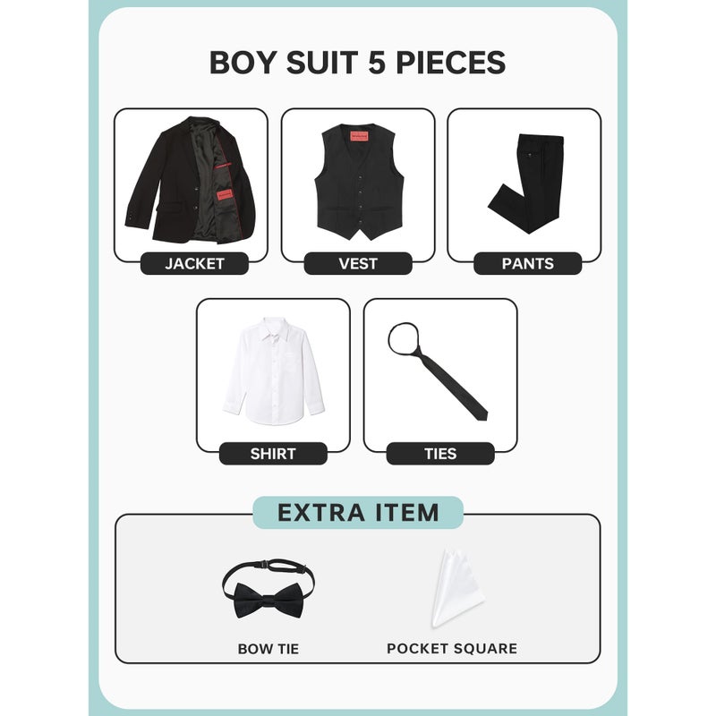 Marvelous World Suits Black Slim Fit Size 7 Formal Suits for Kids Toddler Tuxedos Dresswear Ring Bearer Outfit Wedding Suits Set Dress Clothes Youth 5-Piece Adjustable Waist - Image 3