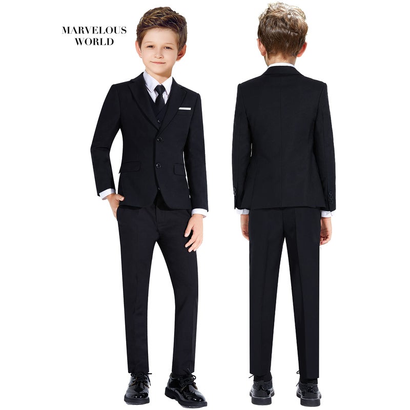 Marvelous World Suits Black Slim Fit Size 7 Formal Suits for Kids Toddler Tuxedos Dresswear Ring Bearer Outfit Wedding Suits Set Dress Clothes Youth 5-Piece Adjustable Waist - Image 2