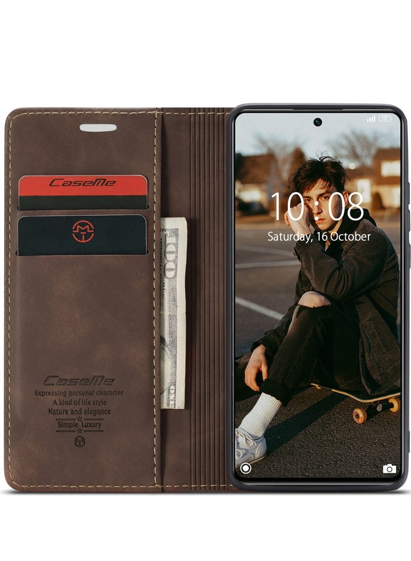 CaseMe Phone Case Luxury PU Leather Design 013 Flip Cover Card Slot Holder Cover ForMI 11T/ MI 11T Pro (Brown) - Image 3