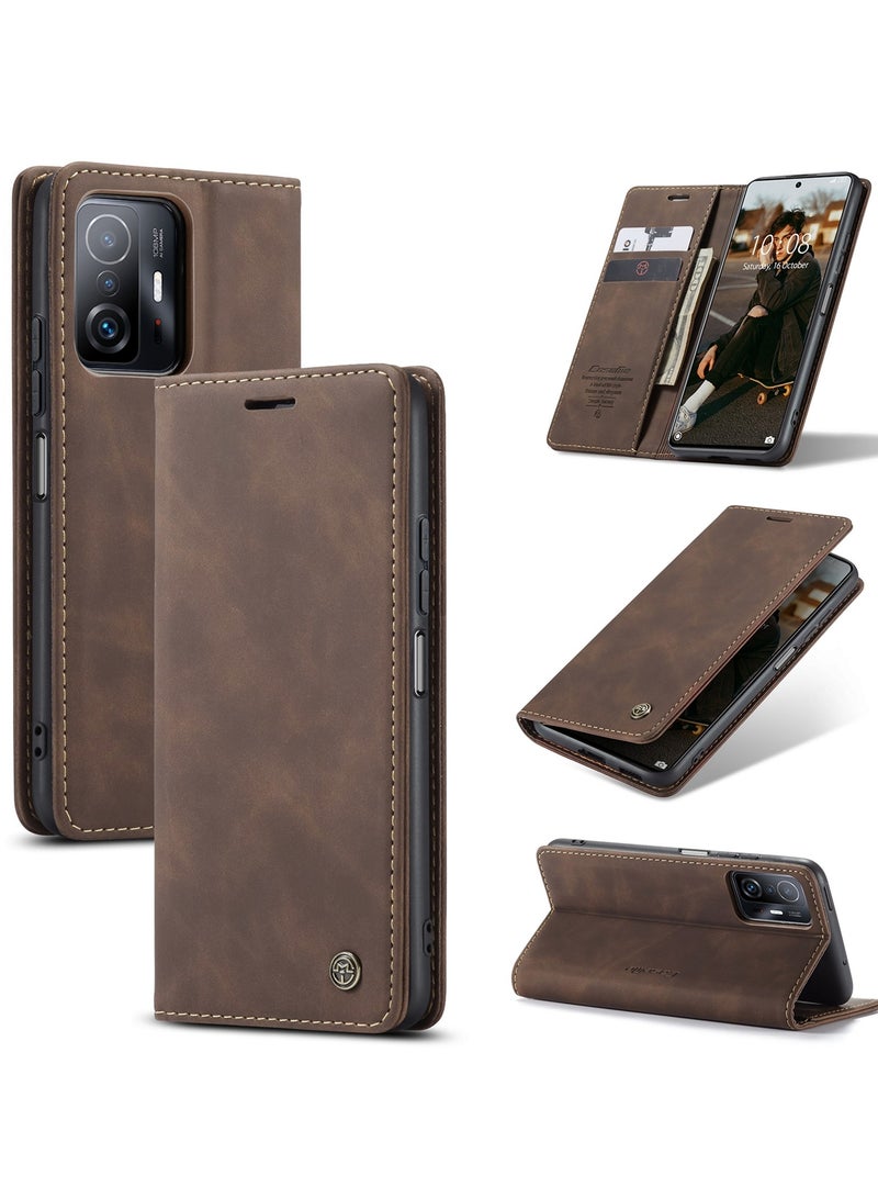 CaseMe Phone Case Luxury PU Leather Design 013 Flip Cover Card Slot Holder Cover ForMI 11T/ MI 11T Pro (Brown) - Image 1