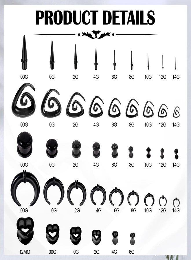 ONESING 84Pcs Ear Stretching Kit 14G-00G Ear Gauge Stretching Kit Acrylic Septum Pincher Spiral Taper Heart Tunnels Ear Plugs Hypoallergenic Ear Gauges Expander Set for Women Men-Black - Image 2