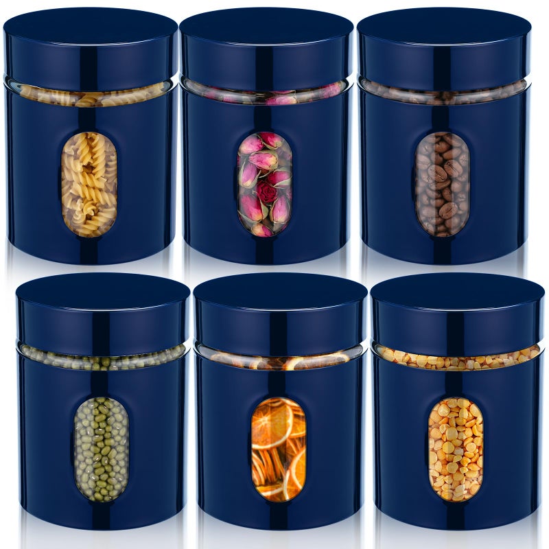 Mimorou 6 Pack Kitchen Canisters Set Airtight Coffee Sugar Tea Storage Jars with Window Glass Stainless Steel Containers with Lids for Flour Cookies Spices Grains Kitchen Decorations(Navy Blue,20 oz) - Image 1