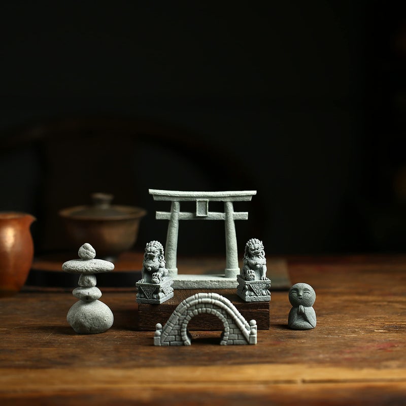 Sdeetesamjun 6 PCS Mini Zen Garden Accessories, Miniature Garden Bridge Foo Dogs Torii Gate Sandstone Figurines Meditation Zen Decor Japanese Fish Tank Terrarium Decorations Plant Pots Bonsai Craft Decor (M) - Image 5