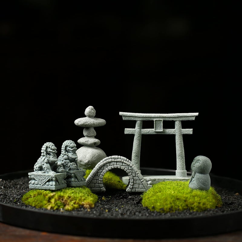 Sdeetesamjun 6 PCS Mini Zen Garden Accessories, Miniature Garden Bridge Foo Dogs Torii Gate Sandstone Figurines Meditation Zen Decor Japanese Fish Tank Terrarium Decorations Plant Pots Bonsai Craft Decor (M) - Image 4