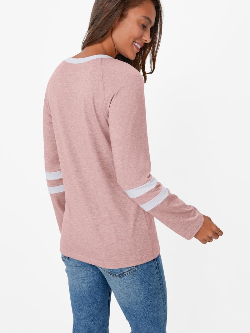 AUTOMET Womenâ€˜s Color Block Long Sleeve Shirts Crewneck, Plus Size Winter & Spring Top, Casual Fall Tee Daily Outfits Pink L - Image 4