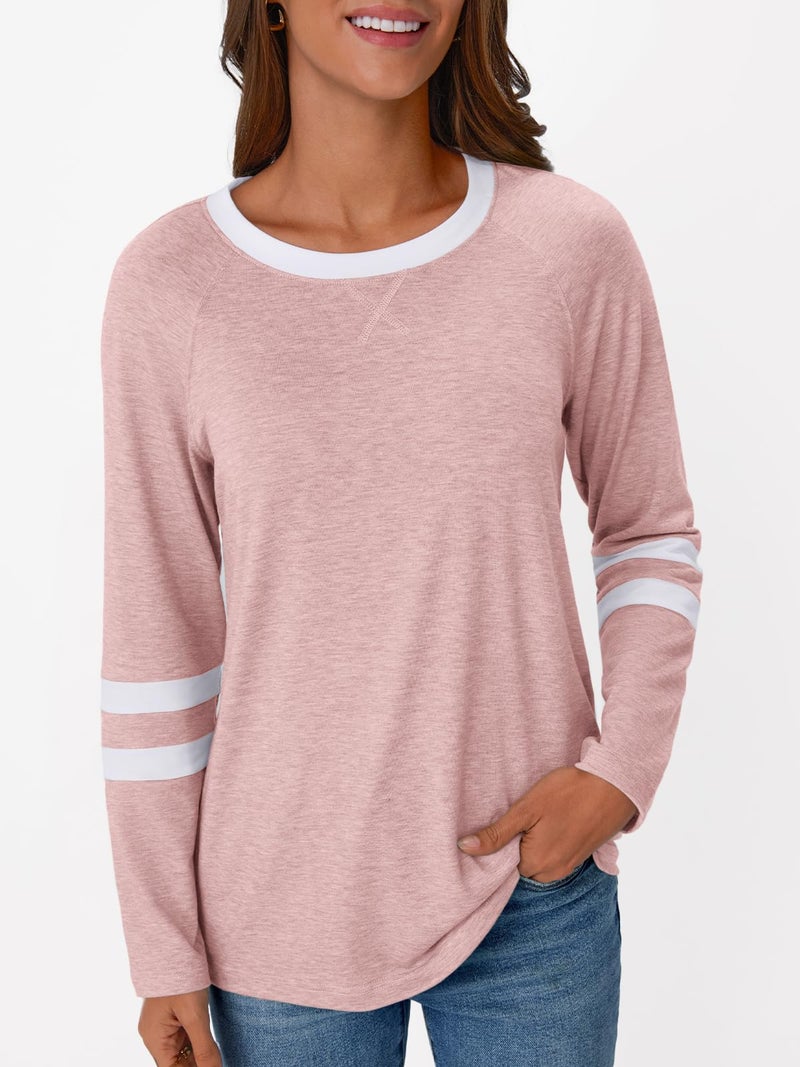 AUTOMET Womenâ€˜s Color Block Long Sleeve Shirts Crewneck, Plus Size Winter & Spring Top, Casual Fall Tee Daily Outfits Pink L - Image 5