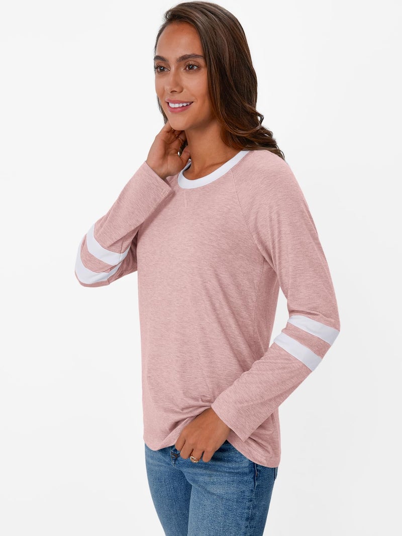 AUTOMET Womenâ€˜s Color Block Long Sleeve Shirts Crewneck, Plus Size Winter & Spring Top, Casual Fall Tee Daily Outfits Pink L - Image 3