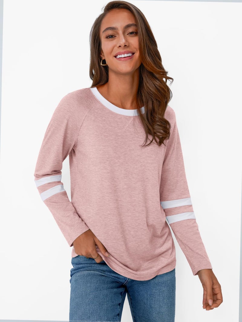AUTOMET Womenâ€˜s Color Block Long Sleeve Shirts Crewneck, Plus Size Winter & Spring Top, Casual Fall Tee Daily Outfits Pink L - Image 2
