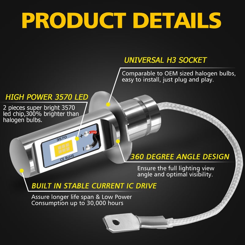 AUXLIGHT H3 LED Fog Light DRL Bulbs, 3000 Lumens Extremely Bright Bulbs Replacement for Cars, Trucks, Golden Yellow - Image 4