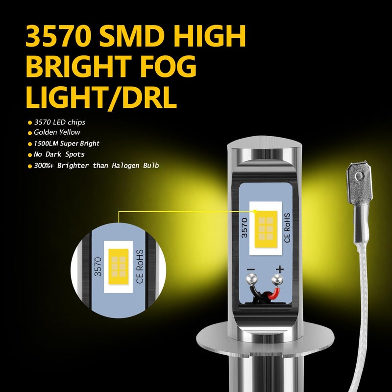 AUXLIGHT H3 LED Fog Light DRL Bulbs, 3000 Lumens Extremely Bright Bulbs Replacement for Cars, Trucks, Golden Yellow - Image 5