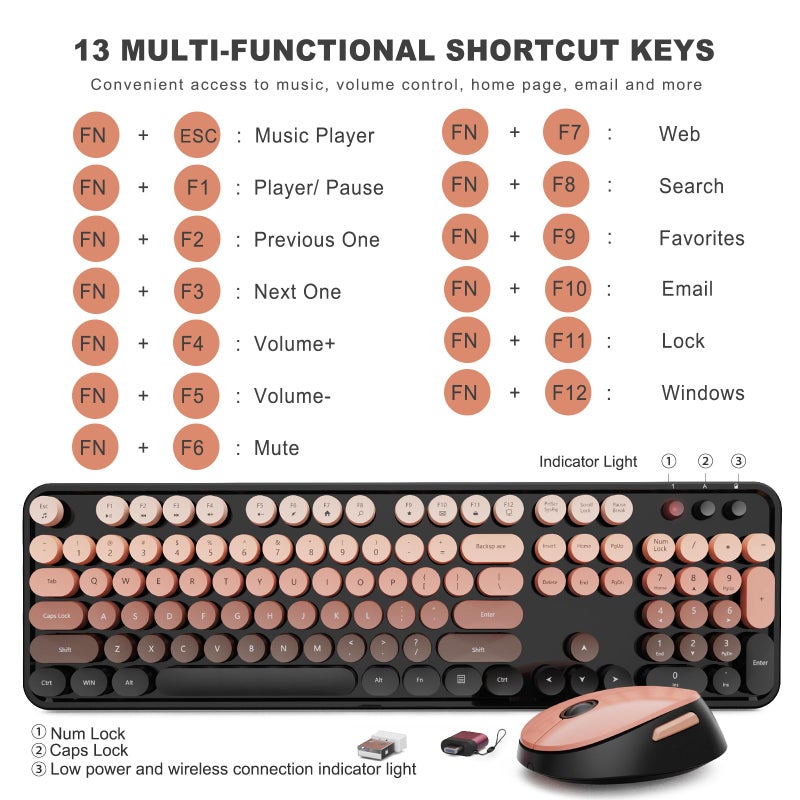 SkyGive Wireless Keyboard and Mouse Combo, Ergonomic Full Size Typewriter Retro Round Keycaps Keyboard, Compatible with Windows, PC, Perfer for Home and Office Keyboards (Aurora Red) - Image 4