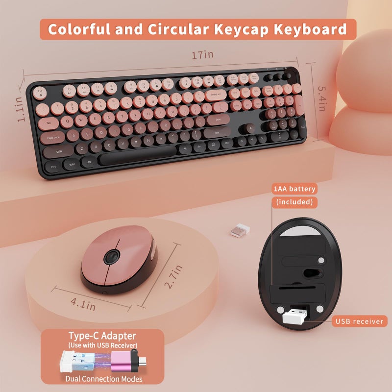 SkyGive Wireless Keyboard and Mouse Combo, Ergonomic Full Size Typewriter Retro Round Keycaps Keyboard, Compatible with Windows, PC, Perfer for Home and Office Keyboards (Aurora Red) - Image 5