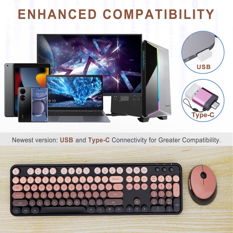 SkyGive Wireless Keyboard and Mouse Combo, Ergonomic Full Size Typewriter Retro Round Keycaps Keyboard, Compatible with Windows, PC, Perfer for Home and Office Keyboards (Aurora Red) - Image 3