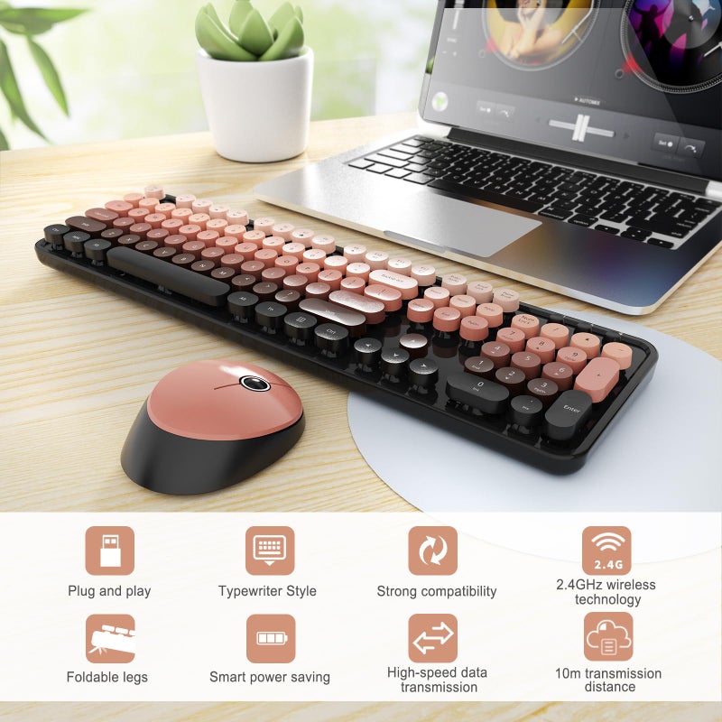 SkyGive Wireless Keyboard and Mouse Combo, Ergonomic Full Size Typewriter Retro Round Keycaps Keyboard, Compatible with Windows, PC, Perfer for Home and Office Keyboards (Aurora Red) - Image 2