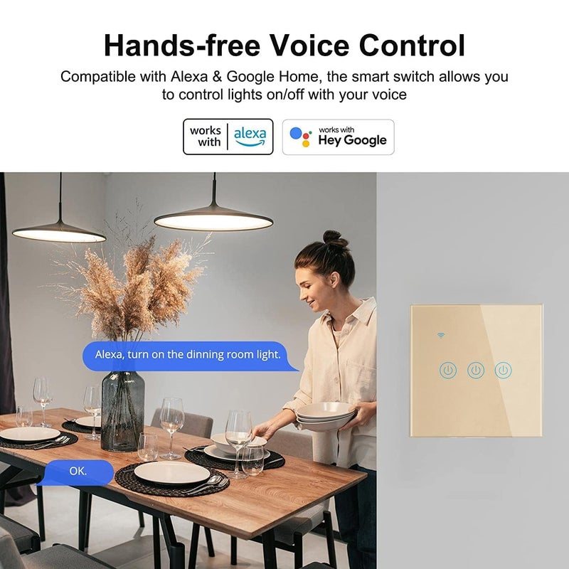 ماكايورون مفتاح إضاءة حائط ذكي WiFi من Makayuron، لا يتطلب سلك محايد، متوافق مع Alexa وGoogle Home، تحكم عن بعد عبر التطبيق باللمس، لا يتطلب مركز تحكم، تحكم صوتي (3 مجموعات، ذهبي) - Image 4