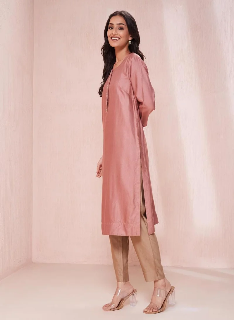 فاب انديا Pink Viscose Silk Knee Length Kurta