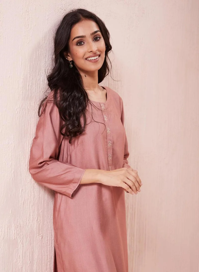 فاب انديا Pink Viscose Silk Knee Length Kurta