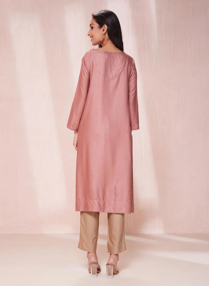 فاب انديا Pink Viscose Silk Knee Length Kurta