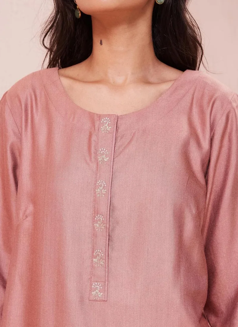 فاب انديا Pink Viscose Silk Knee Length Kurta