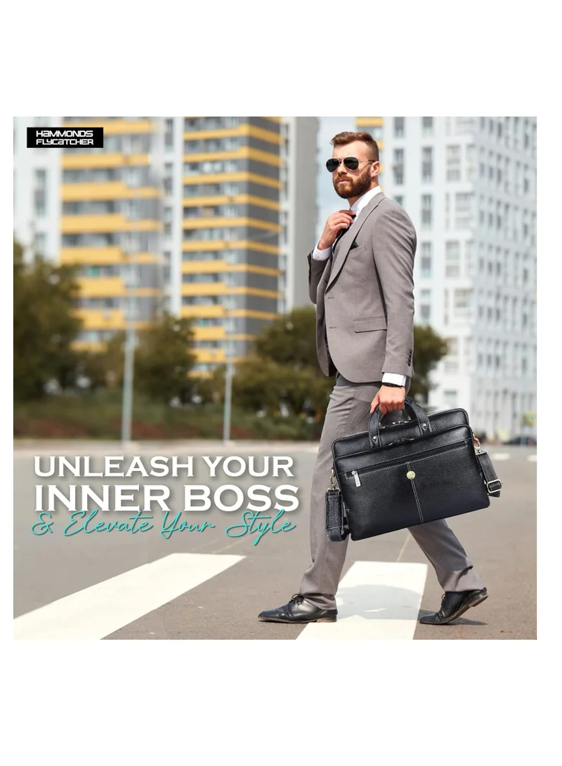 HAMMONDS FLYCATCHER Leather Office Bag for Men, Stylish 15.6 Inch Laptop Bag for Men with Multiple Compartments, this Leather Bag for Men has Adjustable Strap | Black | PNDD
