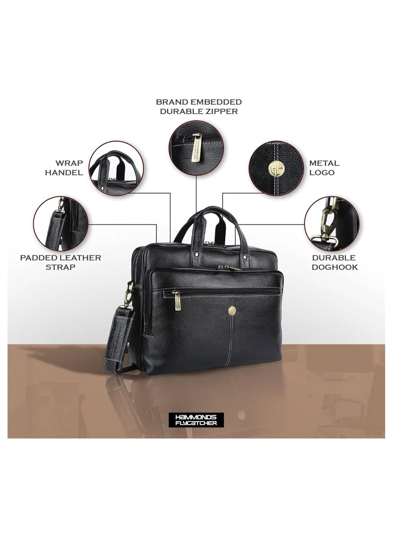 HAMMONDS FLYCATCHER Leather Office Bag for Men, Stylish 15.6 Inch Laptop Bag for Men with Multiple Compartments, this Leather Bag for Men has Adjustable Strap | Black | PNDD