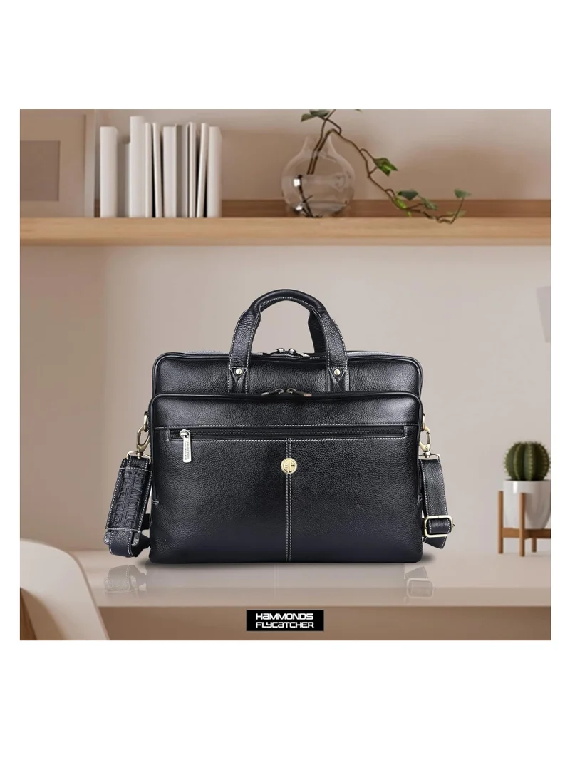 HAMMONDS FLYCATCHER Leather Office Bag for Men, Stylish 15.6 Inch Laptop Bag for Men with Multiple Compartments, this Leather Bag for Men has Adjustable Strap | Black | PNDD