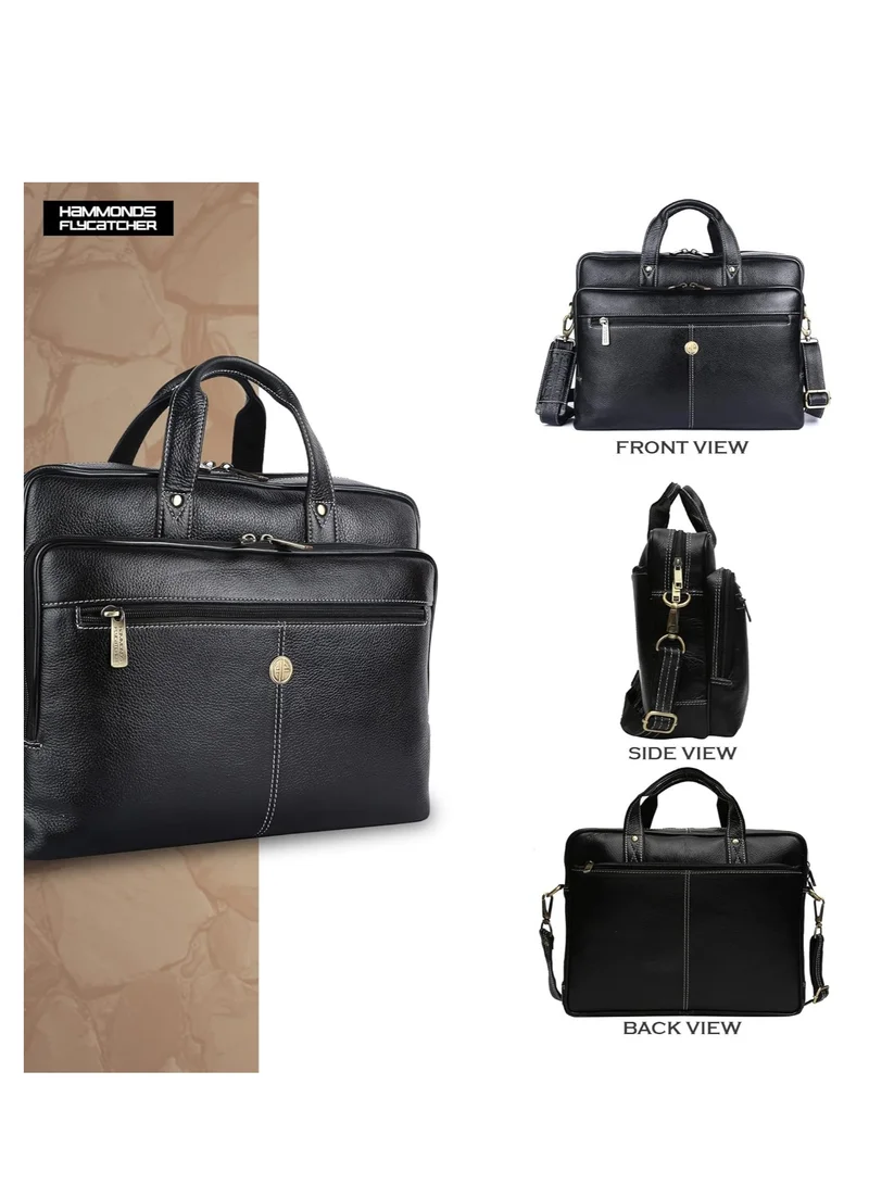HAMMONDS FLYCATCHER Leather Office Bag for Men, Stylish 15.6 Inch Laptop Bag for Men with Multiple Compartments, this Leather Bag for Men has Adjustable Strap | Black | PNDD