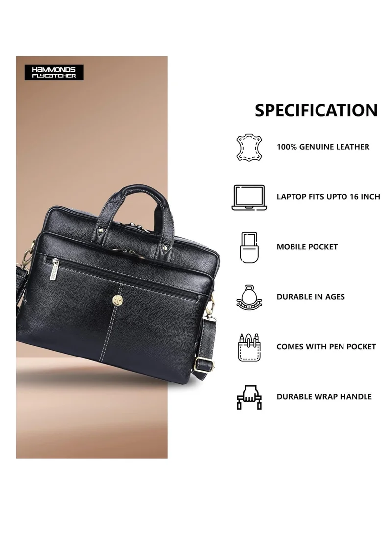 HAMMONDS FLYCATCHER Leather Office Bag for Men, Stylish 15.6 Inch Laptop Bag for Men with Multiple Compartments, this Leather Bag for Men has Adjustable Strap | Black | PNDD
