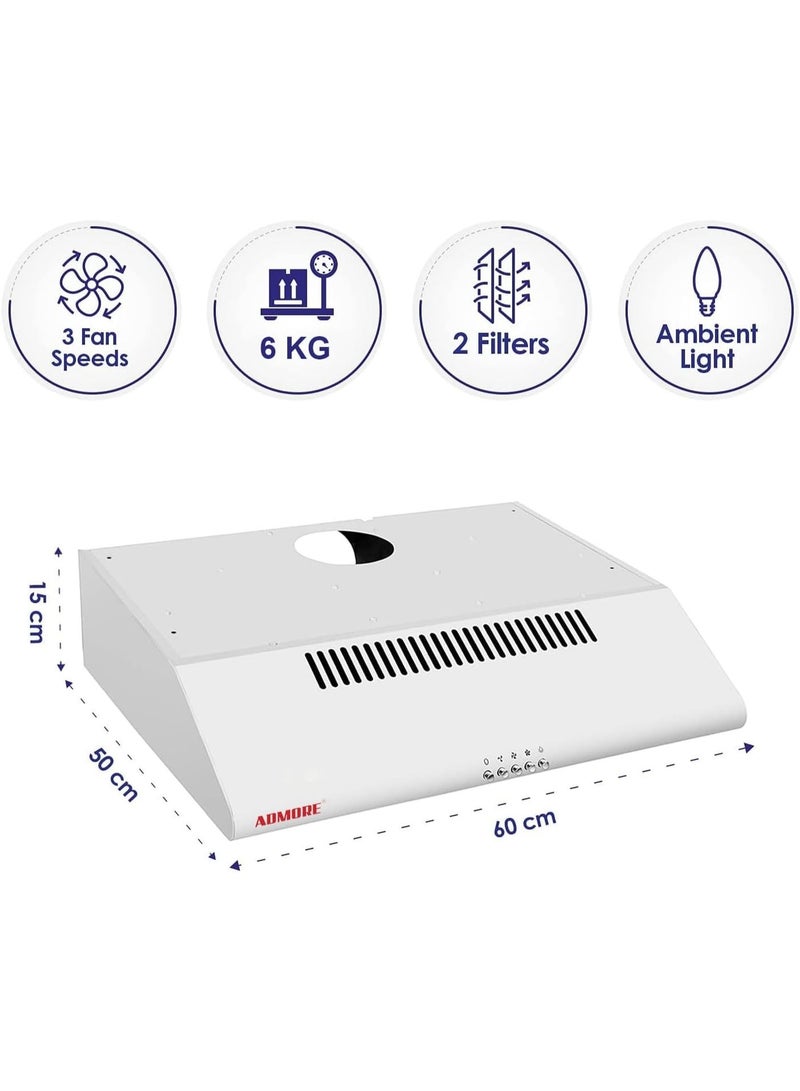 ADMORE 60cm Kitchen Cooker Hood – White Under Cabinet Chimney with 1700 RPM Exhaust Fan – Slim Range Hood for 60x60 Cooking Range – 3 Speed LED Light & Carbon Filter (Ductless or Ducted) - Image 3