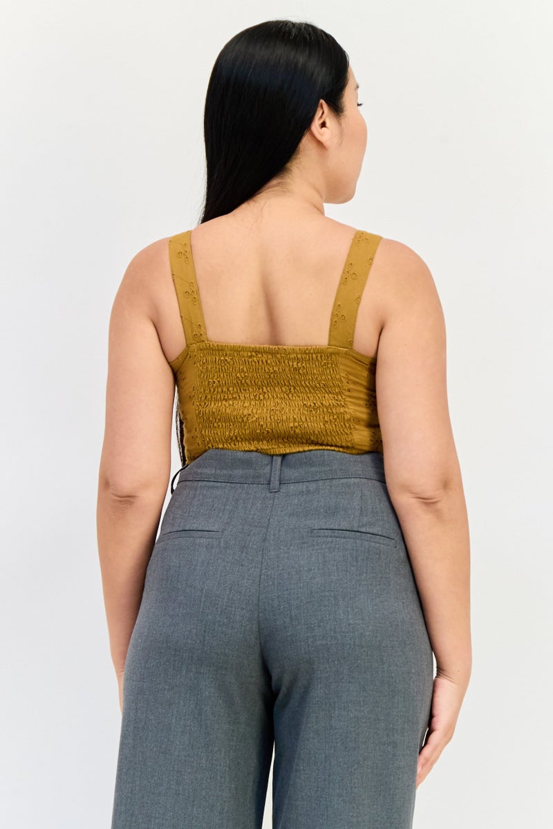 ONLY بلوزة نسائية بدون أكمام بتصميم مربع العنق مزينة بالتطريز، بني - Image 2