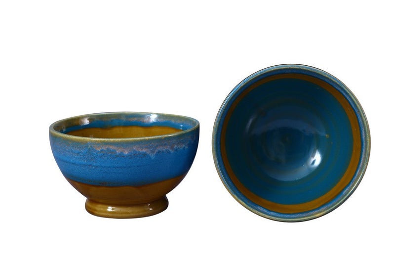 Caffeine Ceramic Handmade Blue & Brown Studio Nut Serving Bowl (Set of 2) - Image 3