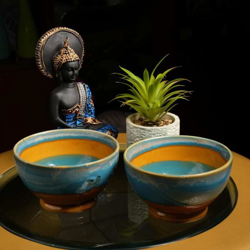 Caffeine Ceramic Handmade Blue & Brown Studio Nut Serving Bowl (Set of 2) - Image 1