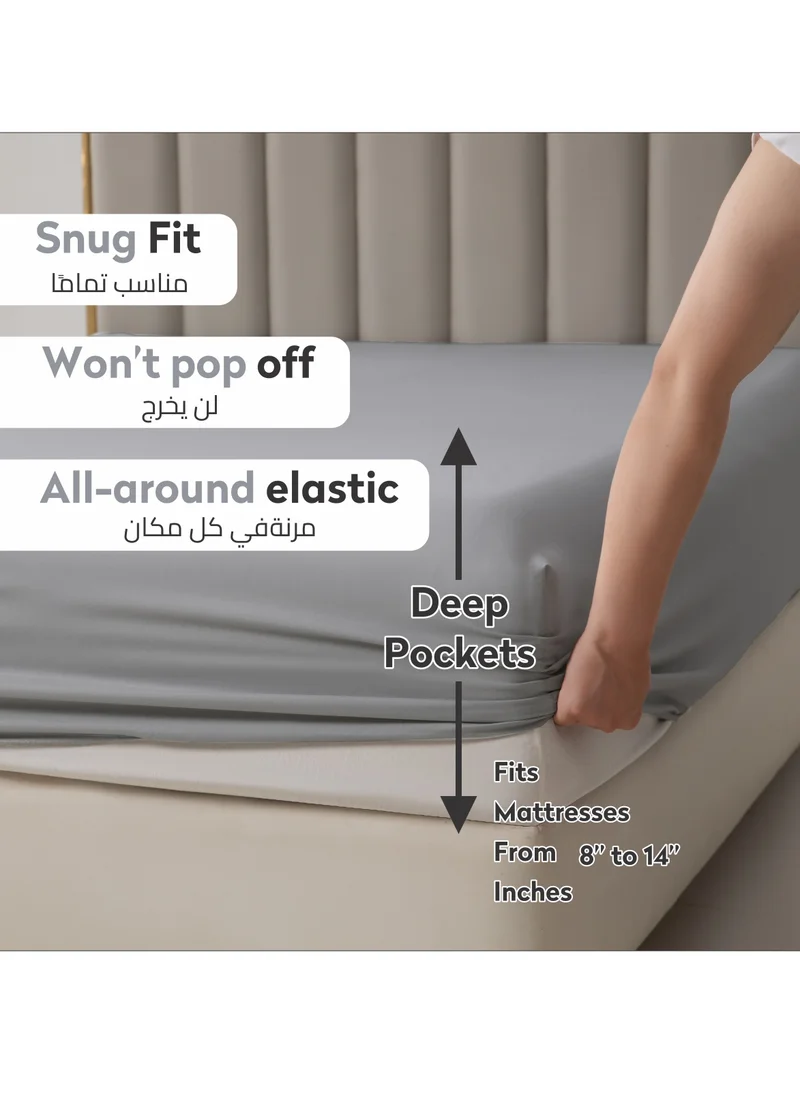 Donetella Bedding Fitted Sheet 3-Pcs Super King Size Solid Bed Sheet Set Fits(200x200CM) With Pillowcases And 35 CM Extra Deep Brushed Microfiber Bed Sheet,Dark Grey