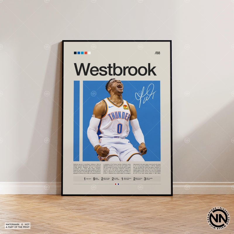 TNESSENTIAL Russell Westbrook Poster, Oklahoma City Thunder OKC, NBA Poster, Sports Poster, Mid Century Modern, NBA Fans, Sports Bedroom Posters - Image 1