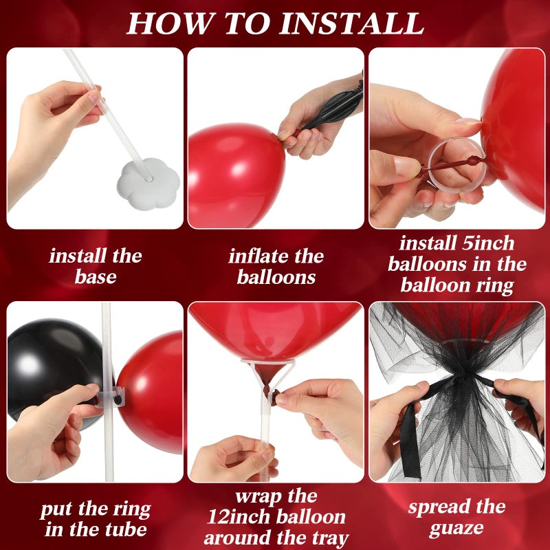 BBTO 4 Set Table Centerpieces Balloons Stand Kit Table Stand Holder with Tulle and Latex Balloons Reusable Centerpiece with Base for Birthday Wedding Halloween Xmas Party(Black and Red) - Image 3