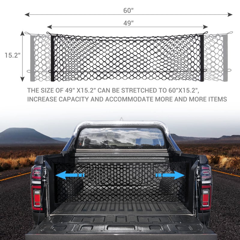 MICTUNING Truck Bed Cargo Net, Elastic Mesh Net Organizer Truck Bed Storage Net Organizer Envelope for Chevy Silverado & Ford F150/F250 Luggage Back Cargo (47x15.2 Inch) - Image 4