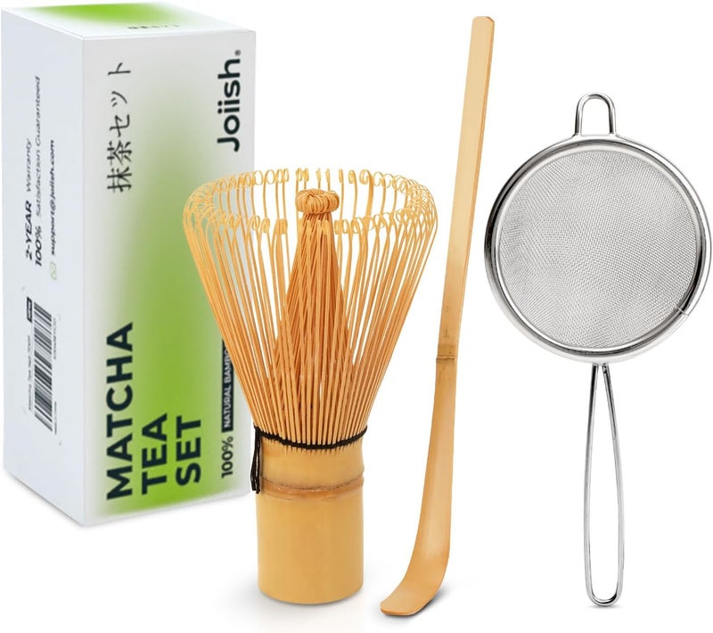 Joiish Traditional Matcha Starter Set, Bamboo Whisk (Chasen), Scoop (Chashaku), Stainless Steel Sifter, Basic Matcha Tea Making Kit - Image 1