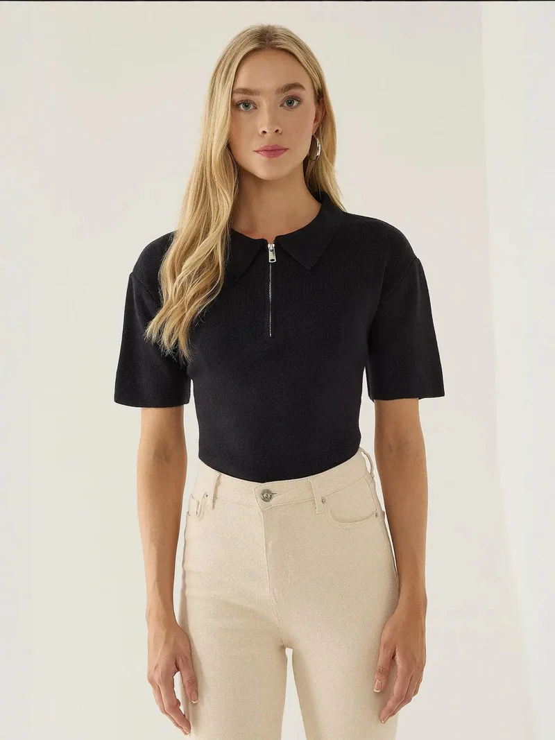 HICCUP Polo Collar Zippered Sweater