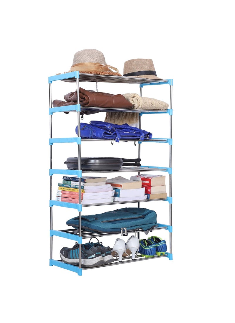 Three Secondz Three Secondz Foldable Steel Shoe Rack Portable Shoe Rack Shoe Cabinet Shoe Organizer Foldable Rack Portable Metal Shoe Rack 7 Layers Blue  - Image 1