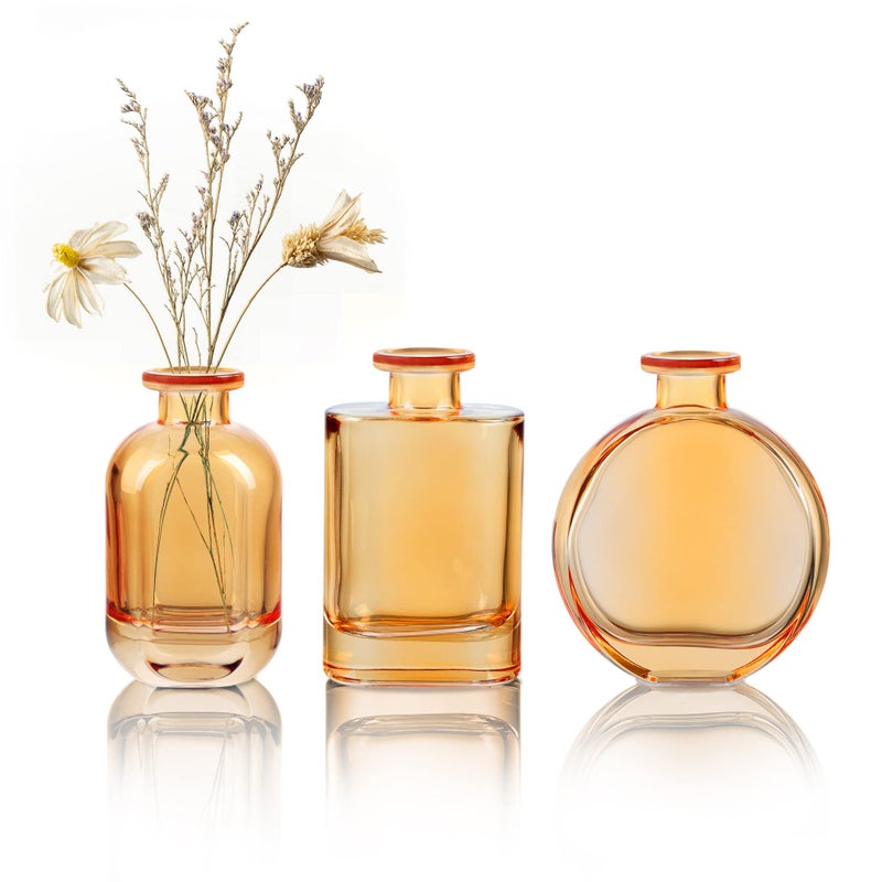 Joeyan Amber Glass Bud Vase Set of 3  Decorative Rustic Flower Vase  Small Bottle Vase Centerpieces for Wedding Home Office Table Dcor