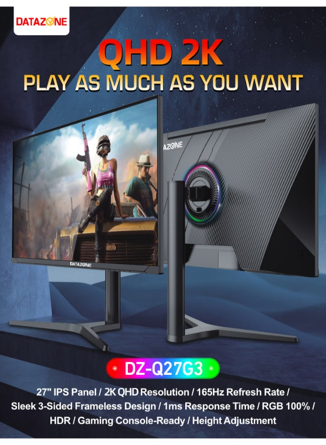 داتا زون شاشة قيمنق 27 بوصة, QHD بدقة (2560x1440), معدل تحديث 165 هرتز, IPS, معدل استجابة 1 مللي ثانية GTG, متوافقة مع وحدة التحكم (PS5-XBOX), ميزة HDR, اضاءة RGB خلفية مع قابلية تعديل الارتفاع والميلان مع مكبر صوت مدمج أسود - Image 4