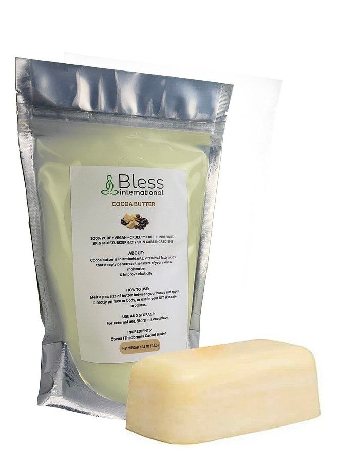 Bless International زبدة الكاكاو الخام العضوية 100% نقية وطبيعية وغير مكررة | مرطب للبشرة للوجه والجسم والشعر | 1 رطل/450 جرام عاجي/أبيض من الدرجة الأولى | كريمات وبلسم ومستحضرات وصابون اصنعها بنفسك | ينعم البشرة الجافة والقاسية - Image 4