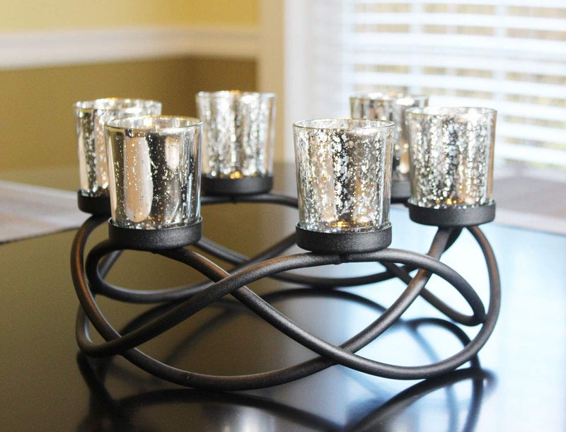 Seraphic Iron Round Table Decor Christmas Centerpiece Decorations Candle Holder for Weddings Outdoor Patio Dining Room and Coffee Tables Glass Votive Tealight Holders Black 6 Silver Cups