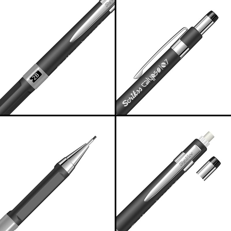Scrikss Scrikss Calypso 07mm Mechanical Lead Pencil Black Barrel Click Mechanism Jumbo Mini Eraser Included Ergonomic Black Rubber Grip - Image 3