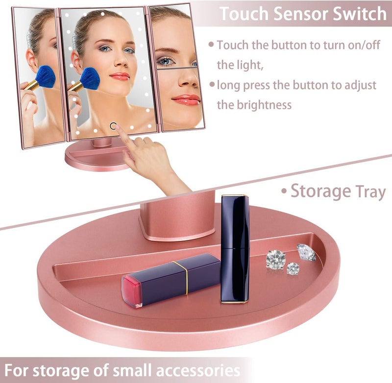 deweisn Tri-Fold Lighted Vanity Mirror with 21 LED Lights, Touch Screen and 3X/2X/1X Magnification, Two Power Supply Modes Make Up Mirror,Travel Mirror - Image 4