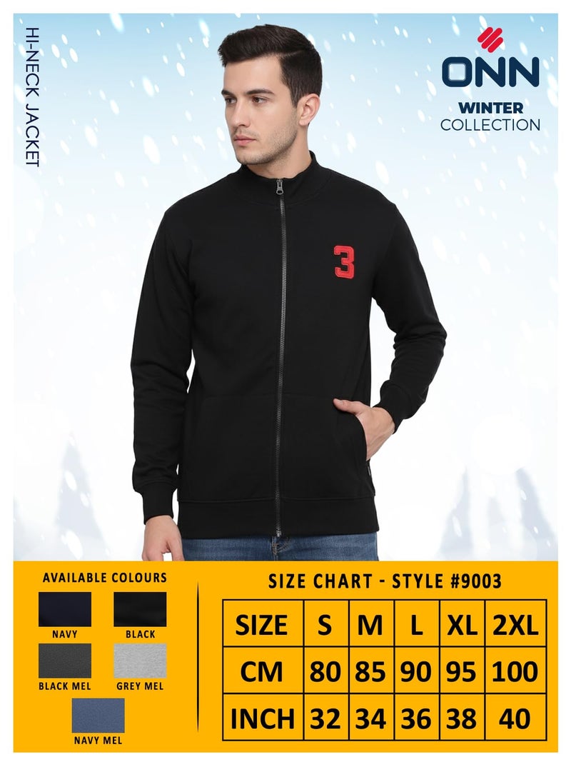 ONN Men's Super Soft Cotton Solid Regular Fit Full Sleeve Hi-Neck Jacket 9003_BLK_M_1PC - Image 2