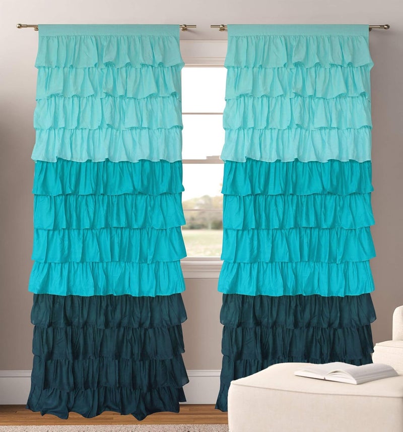 Dekor World Dekor World Cotton Three in one Ultimate Ruffle Rod Plaid Curtain Set Blue 5  - Image 1